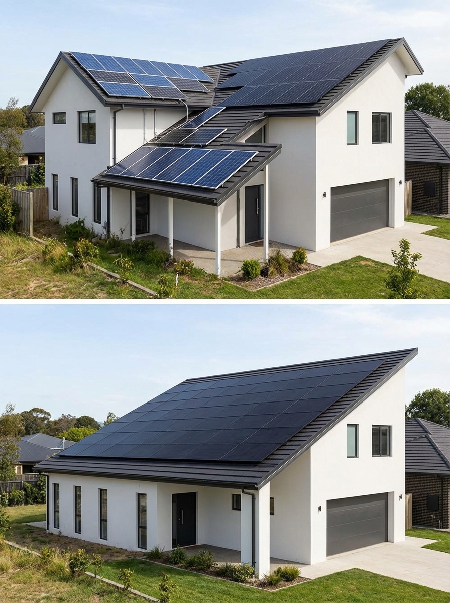 Modern two-story white house with extensive rooftop solar panels and attached garage, residential solar installation