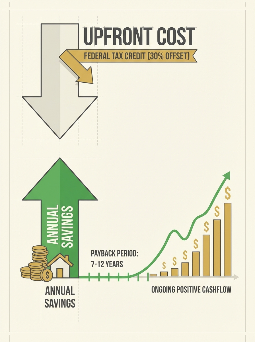 Solar infographic: 30% federal tax credit reduces upfront cost, annual savings, 7–12 year payback and rising cashflow