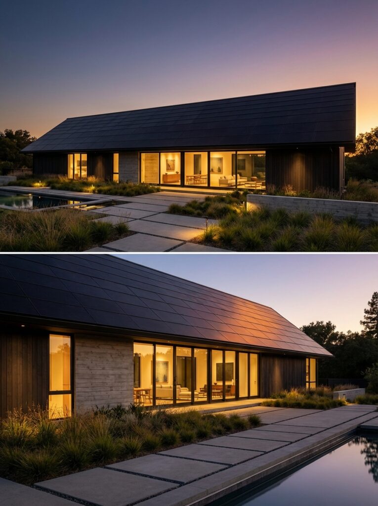 Modern home with solar roof, floor-to-ceiling windows, glowing interior, pool and landscaped concrete path at dusk