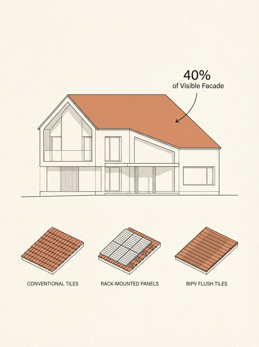 Illustration of house with roof highlighted (40% visible) and three roof options: tiles, rack-mounted solar, BIPV flush tiles