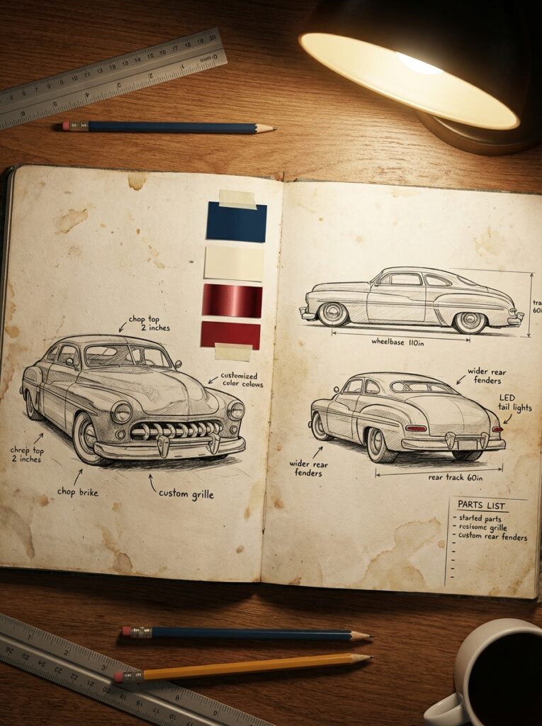 6d671b96-d2f9-4995-b6b8-03b008875528 1 Classic car design sketchbook with pencil renderings, color swatches, measurements on wooden desk under lamp | Sky Rye Design Classic car design sketchbook with pencil renderings, color swatches, measurements on wooden desk under lamp
