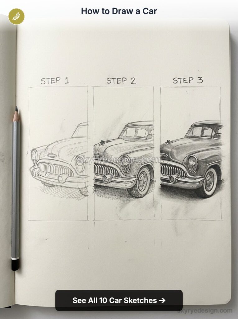 tutorial-retro-car-buick How to draw a car: three-panel pencil sketch tutorial showing step 1 outline, step 2 shading, step 3 finished classic car | Sky Rye Design How to draw a car: three-panel pencil sketch tutorial showing step 1 outline, step 2 shading, step 3 finished classic car