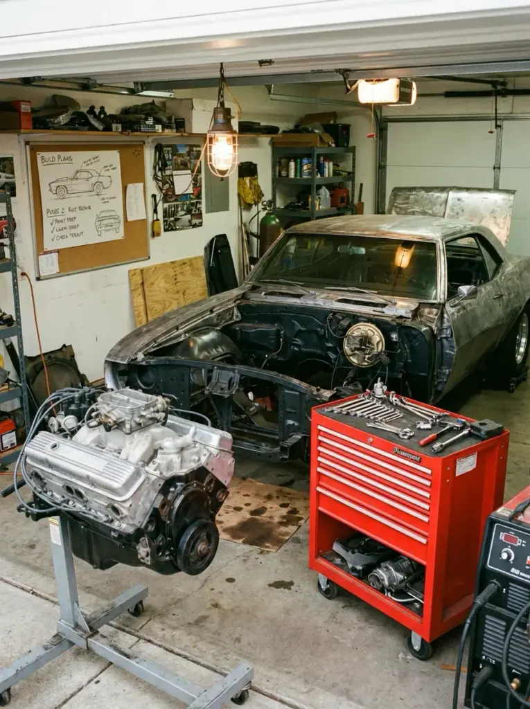 186940aa-51f3-4053-ad1a-de1c705e613a Classic car restoration garage: engine on stand, stripped vintage coupe, red tool chest and workbench with build plans. | Sky Rye Design Classic car restoration garage: engine on stand, stripped vintage coupe, red tool chest and workbench with build plans.