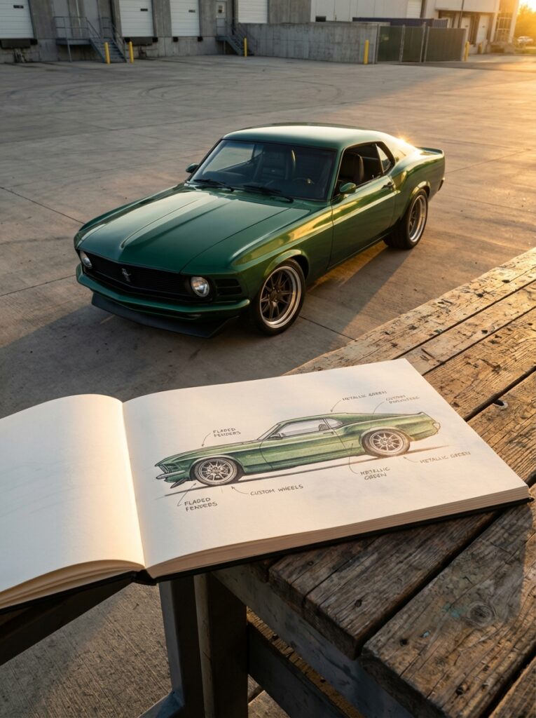 72d7a54c-fa3b-4795-baa2-c9af13d95a1b Green classic Ford Mustang at sunset with matching car sketch in an open notebook on a wooden table | Sky Rye Design Green classic Ford Mustang at sunset with matching car sketch in an open notebook on a wooden table