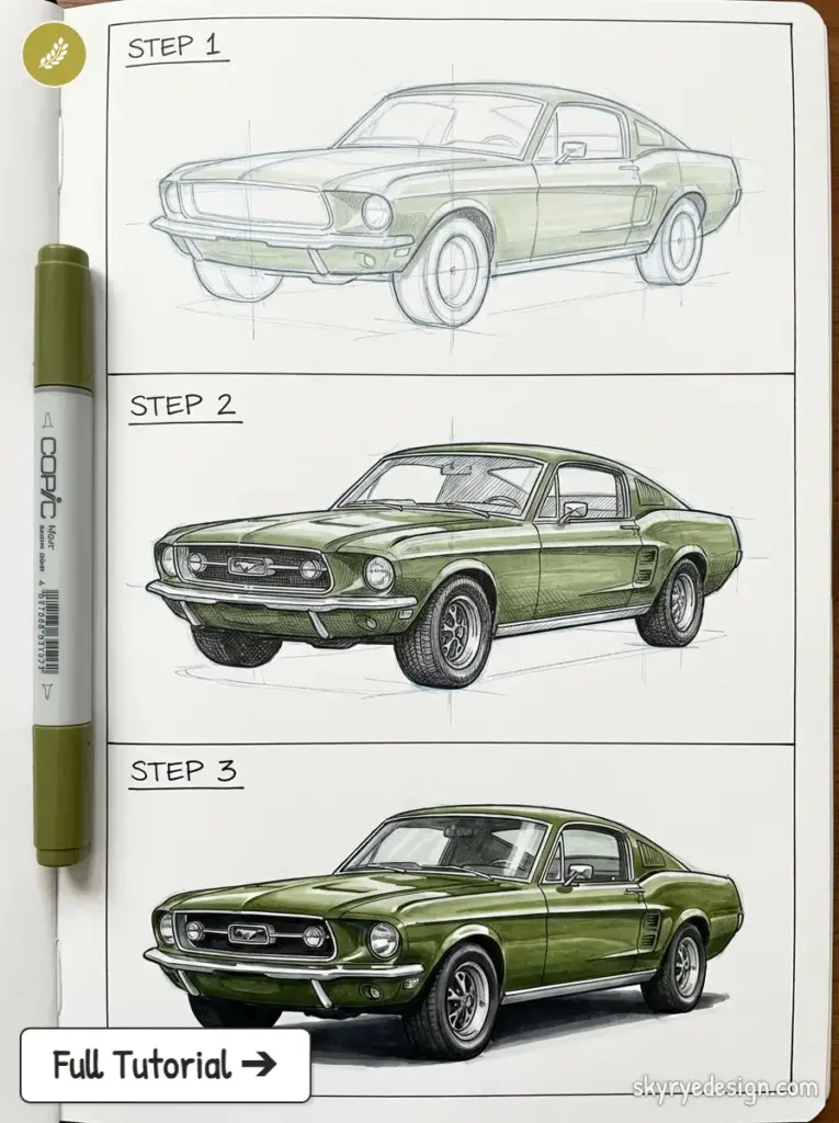 copic-tutorial-1775747011309 Three-step car drawing tutorial: green 1960s muscle car sketch to finished marker rendering | Sky Rye Design Three-step car drawing tutorial: green 1960s muscle car sketch to finished marker rendering