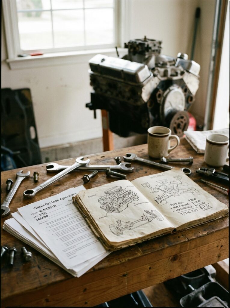 539026bd-534d-4c35-a908-0b3df7e1abf6 Vintage car engine schematic notebook on workbench with wrenches, bolts, mugs and engine block in mechanic garage | Sky Rye Design Vintage car engine schematic notebook on workbench with wrenches, bolts, mugs and engine block in mechanic garage