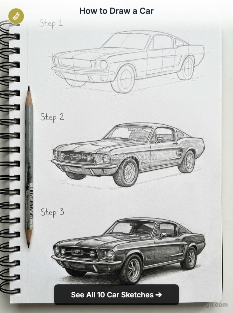 tutorial-retro-mustang How to draw a car: step-by-step pencil tutorial showing three stages of a classic car sketch in a spiral-bound sketchbook | Sky Rye Design How to draw a car: step-by-step pencil tutorial showing three stages of a classic car sketch in a spiral-bound sketchbook