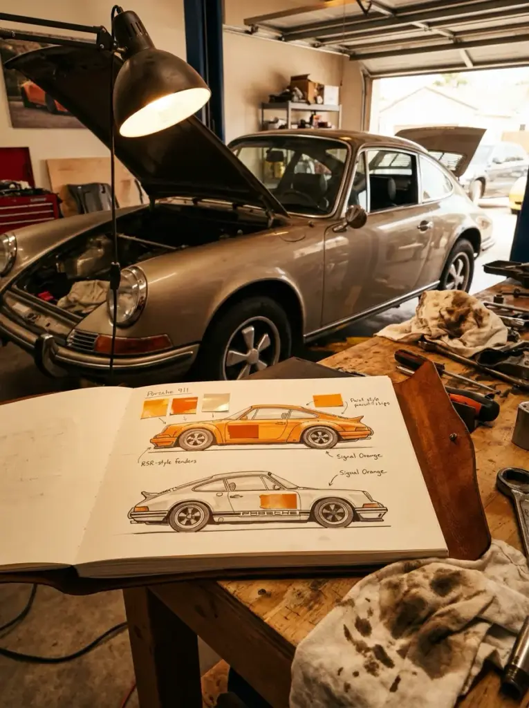 00dd9a98-dc99-4aaf-85c8-a07f036469bd Classic Porsche 911 restoration in workshop with design sketches on workbench, open hood and tools nearby | Sky Rye Design Classic Porsche 911 restoration in workshop with design sketches on workbench, open hood and tools nearby