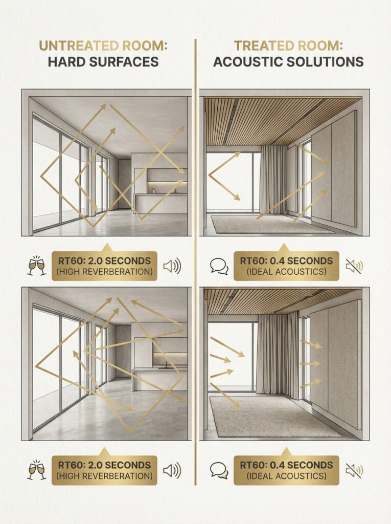 Untreated hard-surface room (RT60 2.0s) vs treated room with acoustic treatment (RT60 0.4s) illustrating reduced reverberation.