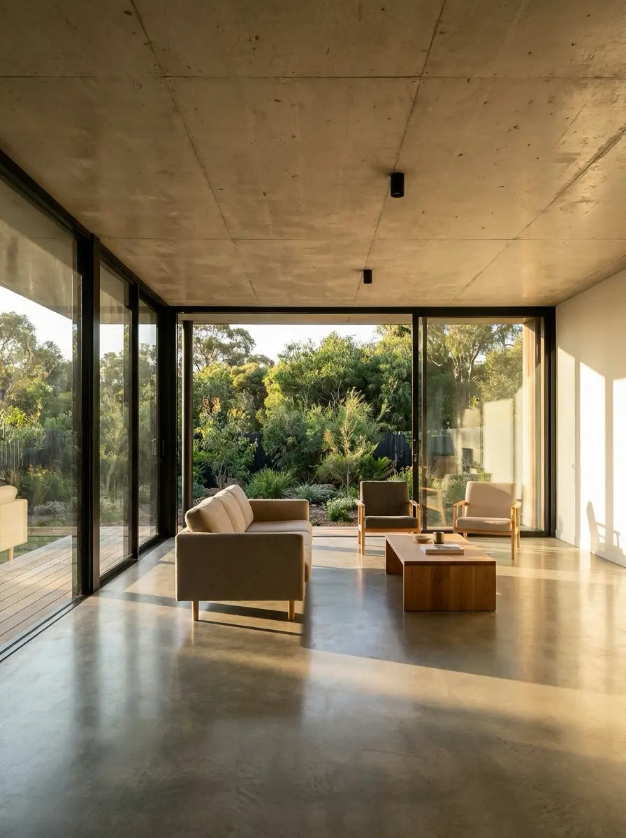 Sunlit minimal modern living room with concrete floor, floor-to-ceiling glass walls and neutral seating opening to a lush garden