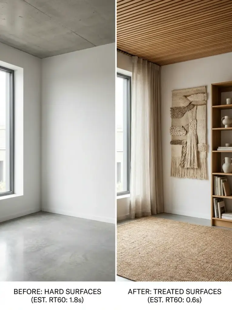Before/after acoustic treatment: hard-surfaced room (RT60 1.8s) vs treated room with rug, curtains, wall hanging (RT60 0.6s)