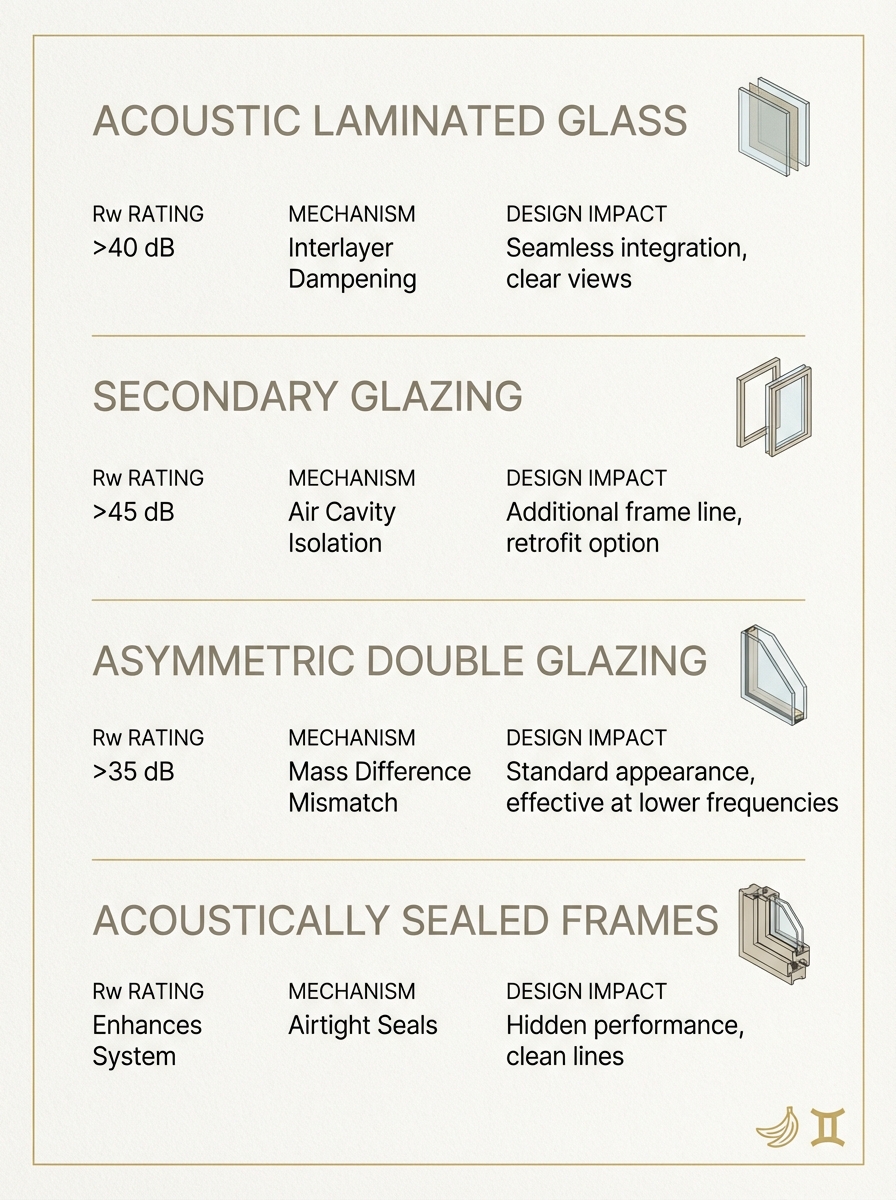 Infographic of acoustic glazing options: laminated glass, secondary glazing, asymmetric double glazing, sealed frames (Rw)