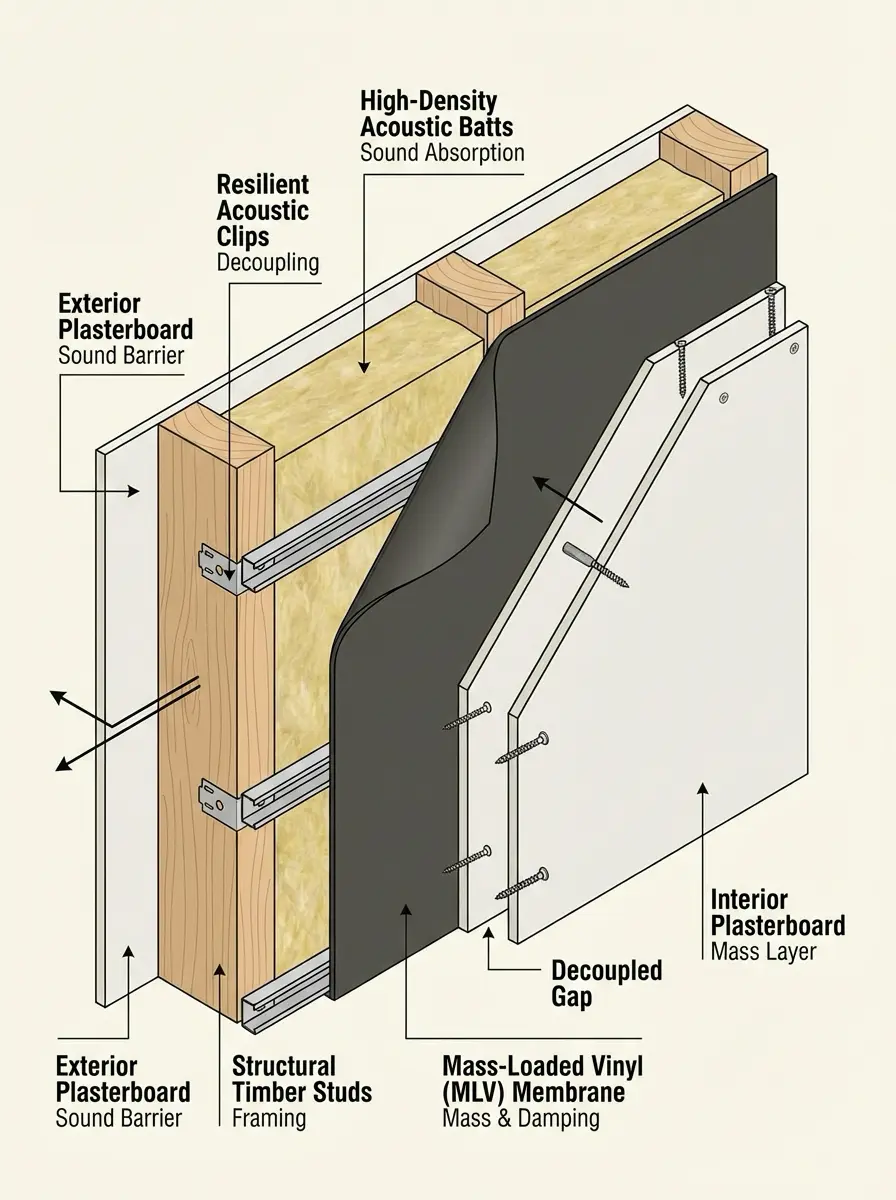 Cross-section diagram of soundproof wall: studs, high-density acoustic batts, MLV membrane, decoupled plasterboard.