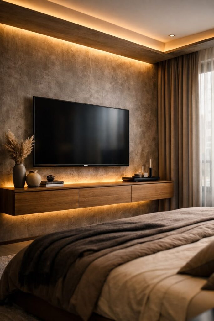 Modern bedroom interior with wall-mounted TV, floating wooden media console, textured wall and warm LED accent lighting