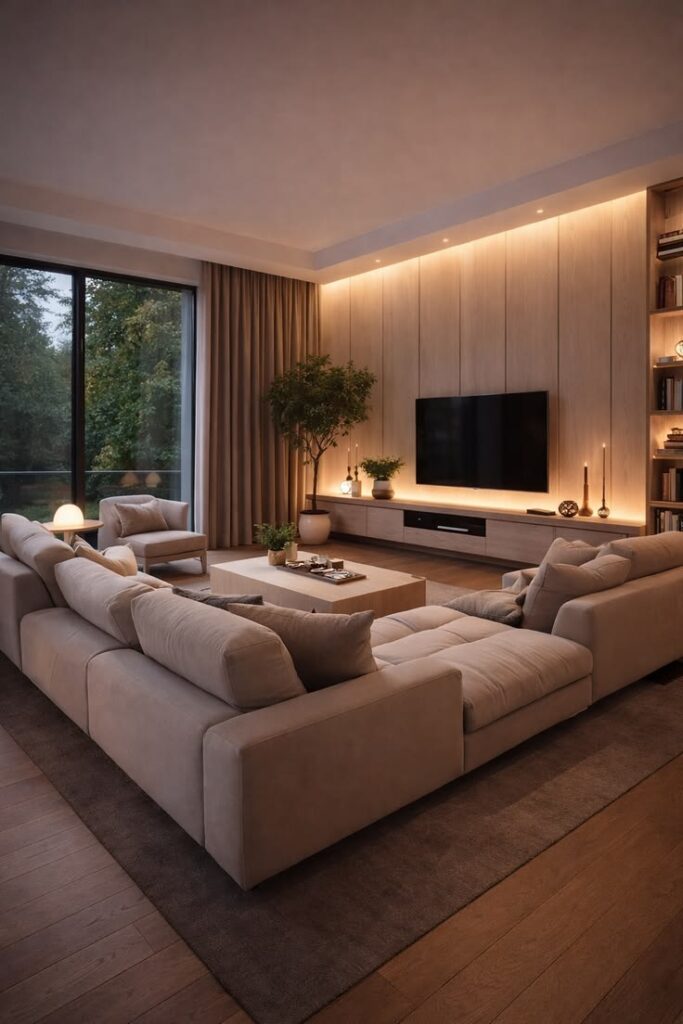 Modern living room with beige sectional, wood-panel accent wall, wall-mounted TV, floor-to-ceiling windows and warm ambient lighting
