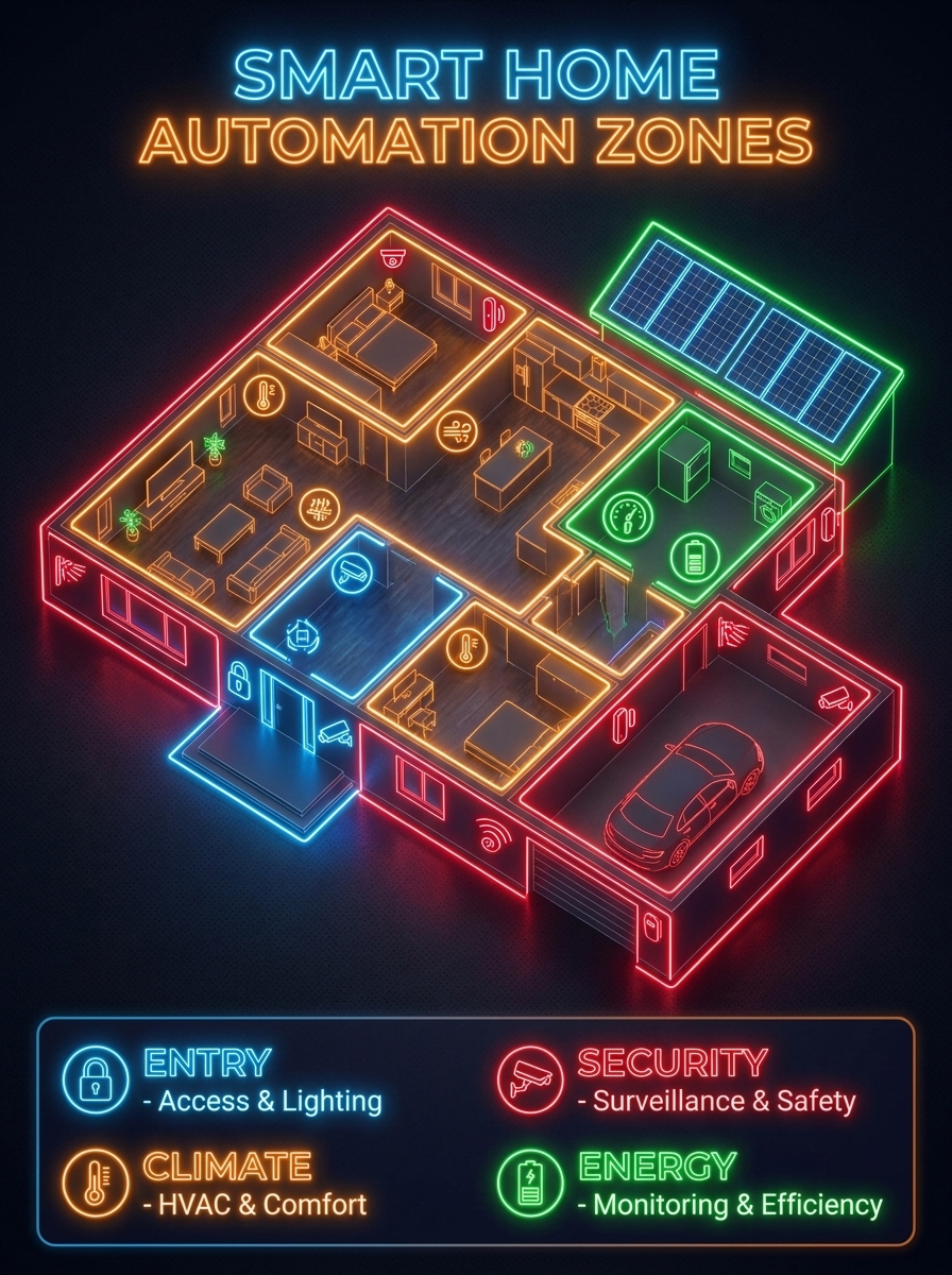 Neon isometric smart home automation zones floorplan with icons for entry, climate, security, and energy efficiency