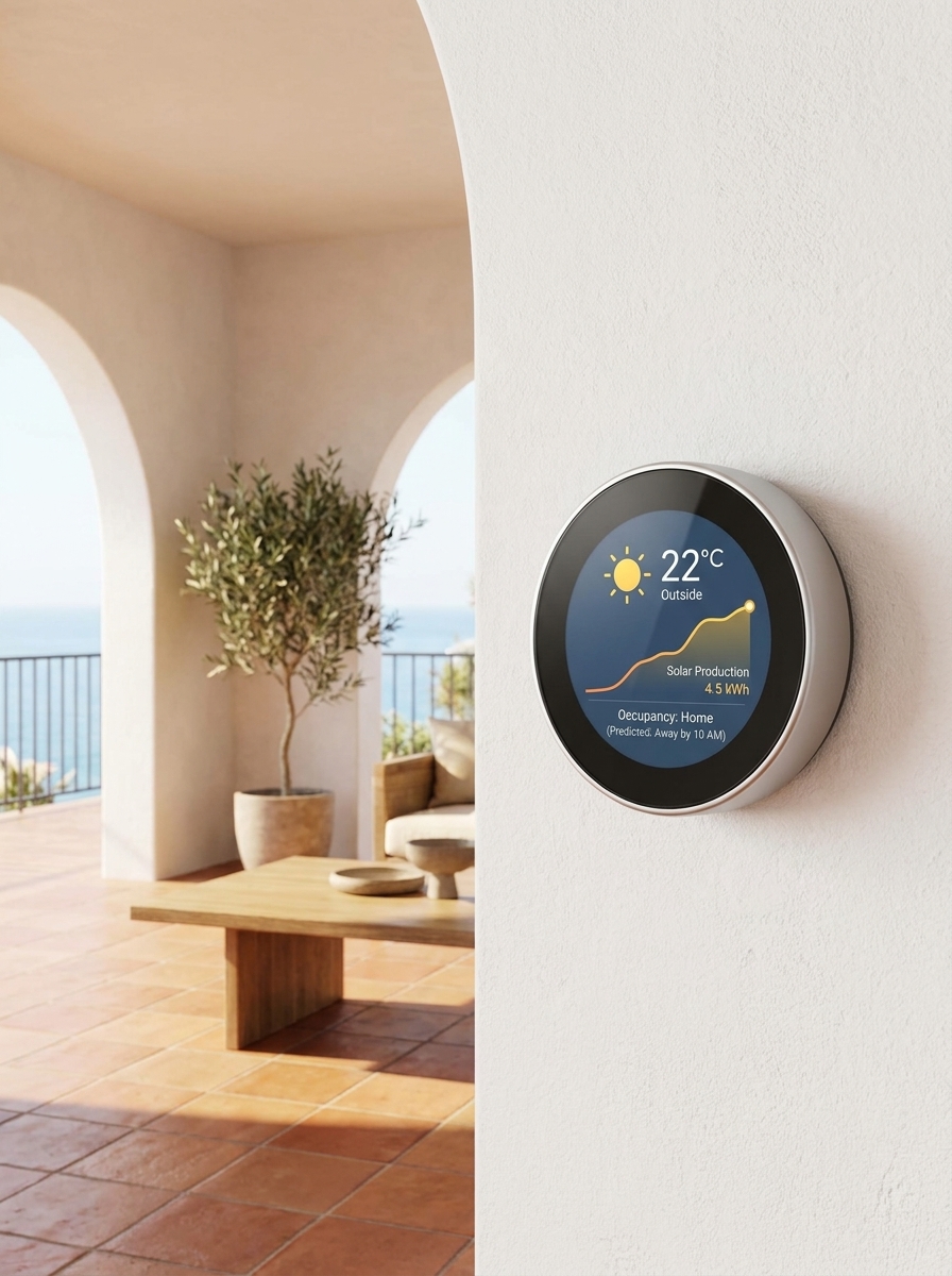 Smart home thermostat on wall displaying 22°C weather and solar production in a modern coastal patio living space