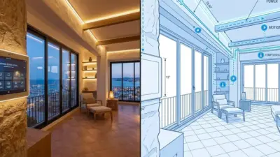 Smart home living room design: touchscreen control, warm lighting, floor-to-ceiling windows with harbor view, plus blueprint illustration