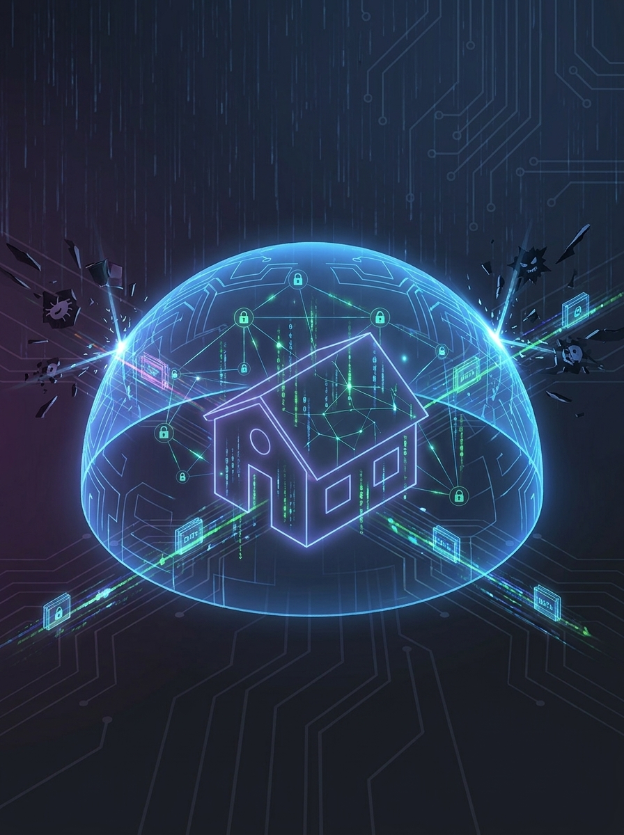 Smart home cybersecurity: glowing digital house protected by a network shield, locks, data streams and breach attempts