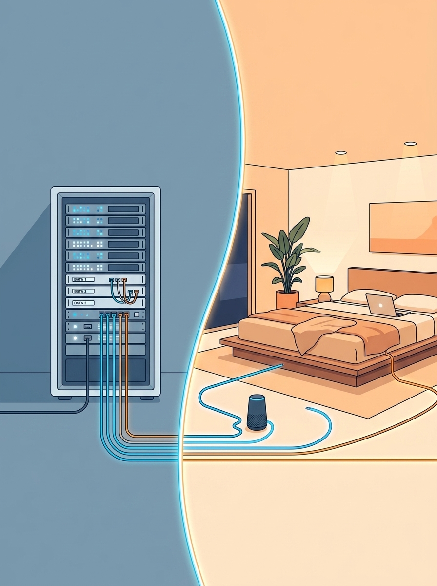 Server rack with network cables connecting to a bedroom smart speaker and laptop, illustrating a home automation network.