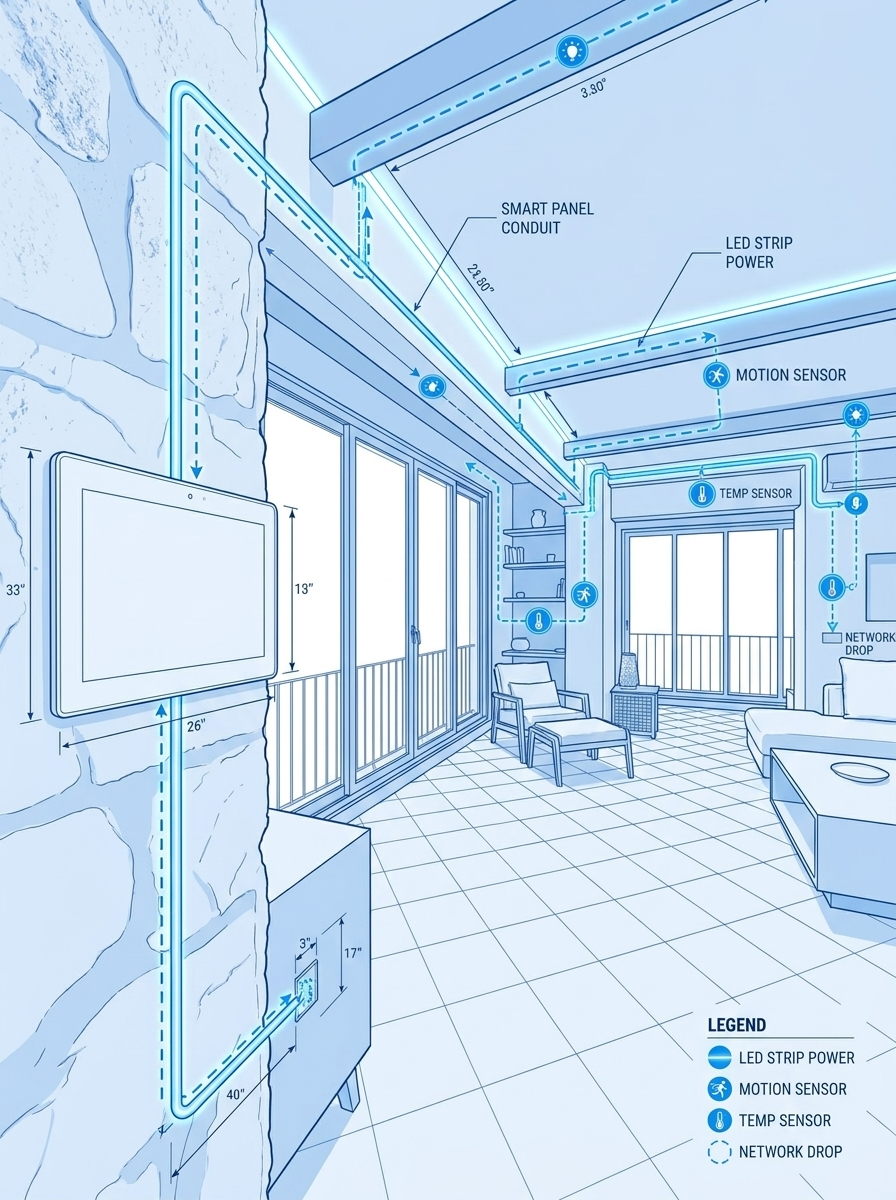 Smart home wiring schematic in living room showing LED strip power, motion & temperature sensors and network drops