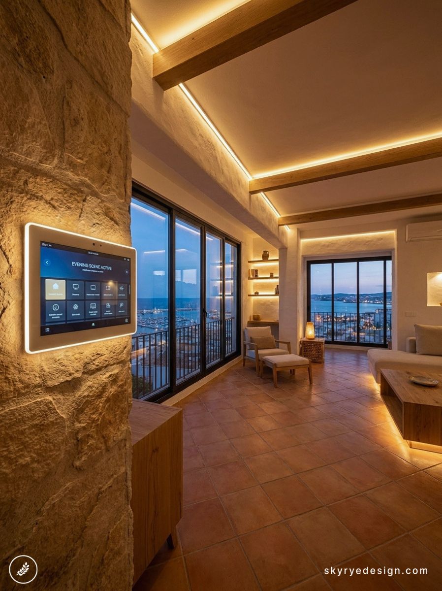 Sea-view modern rustic living room with smart-home tablet, warm LED lighting and floor-to-ceiling windows