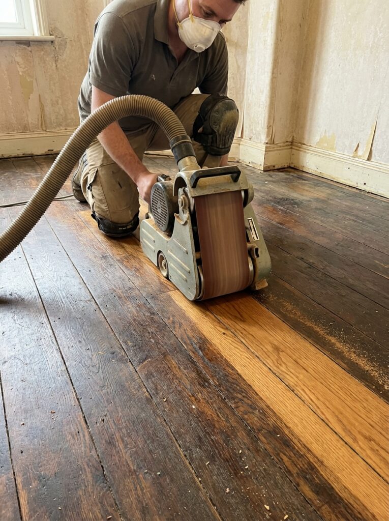 Hardwood floor sanding: contractor using belt sander and dust extractor to restore and refinish old wood floors