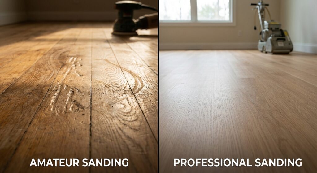 Split image: amateur vs professional hardwood floor sanding — rough left, smooth refinished right