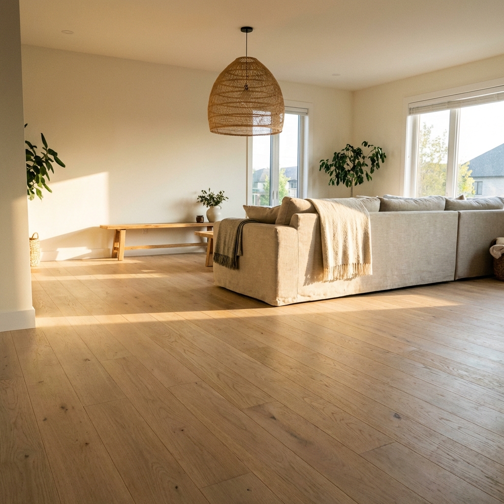 Minimal modern living room with light oak floors, beige sectional sofa, woven pendant lamp and green plants