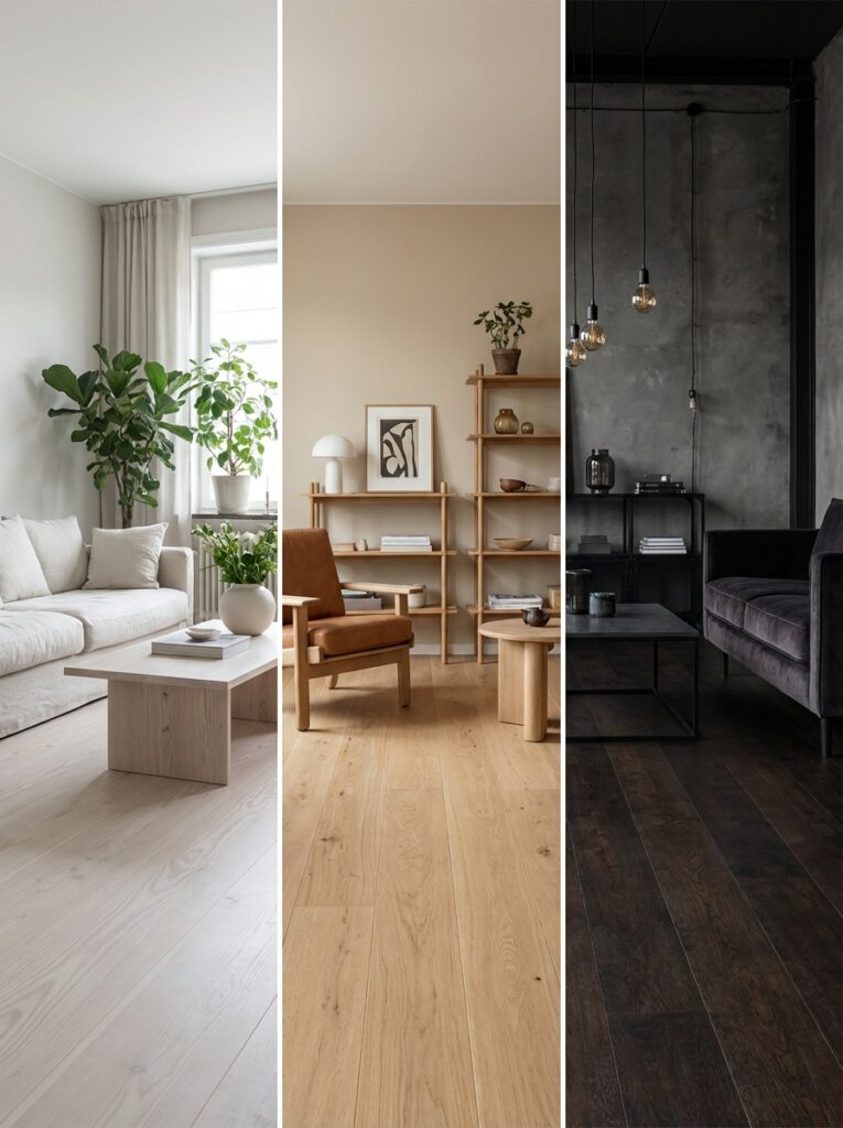 Three-panel living room comparison: light, natural and dark wood flooring options for modern minimalist interiors