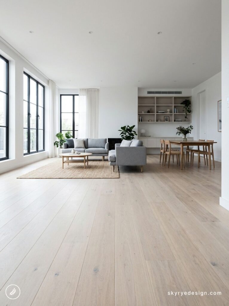 Minimal Scandinavian living room with large black-framed windows, light oak floors, gray sofa and wooden dining set