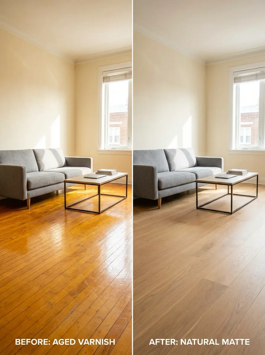 Before-and-after hardwood floor refinishing: aged varnish to natural matte in a sunlit living room