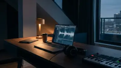 Home studio desk with laptop showing audio waveform, headphones, MIDI keyboard, lamp and coffee cup