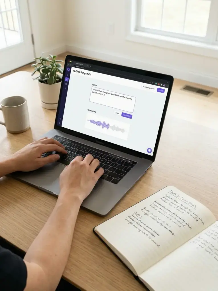 e3ed72a9-4bf4-4ecc-aa47-8430361bc302 Person typing on laptop running AI songwriting app, open notebook, coffee mug and plant on wooden desk | Sky Rye Design Person typing on laptop running AI songwriting app, open notebook, coffee mug and plant on wooden desk