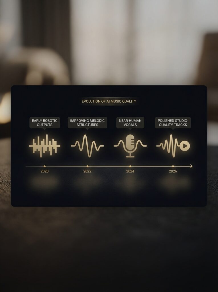 69b073aa-95bf-4a1e-8634-da94dc2449c1 Timeline infographic showing evolution of AI music quality from 2020 robotic outputs to 2026 polished studio-quality tracks | Sky Rye Design Timeline infographic showing evolution of AI music quality from 2020 robotic outputs to 2026 polished studio-quality tracks
