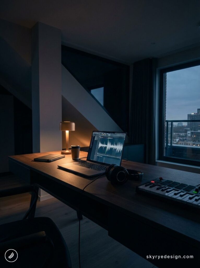 architecture-floor-plan 20 Dimly lit home music studio: laptop with audio waveform, MIDI keyboard, headphones, lamp and coffee on wooden desk by window. | Sky Rye Design Dimly lit home music studio: laptop with audio waveform, MIDI keyboard, headphones, lamp and coffee on wooden desk by window.