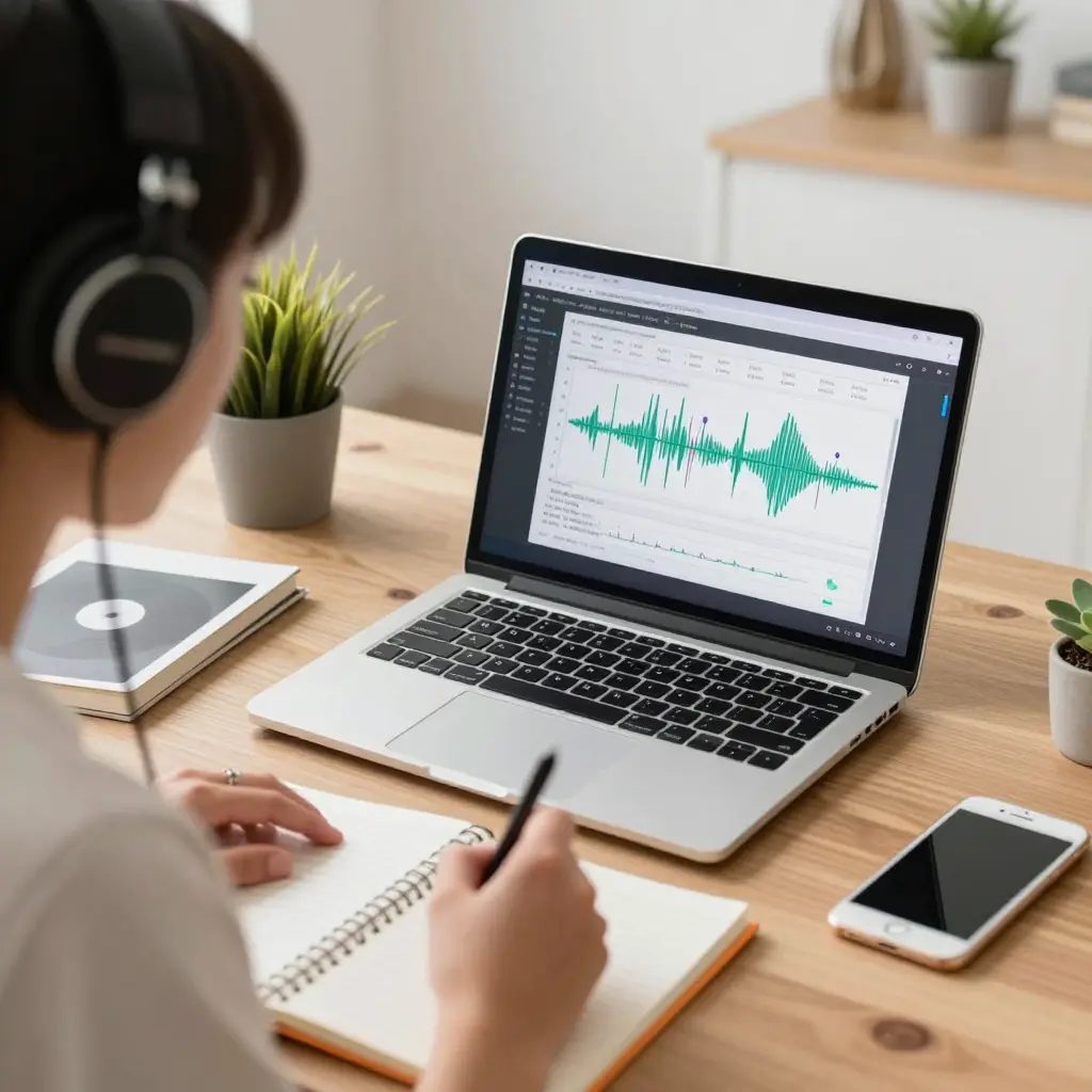 066a573c-fed9-4180-9314-4663ae5c5ba5 Person wearing headphones editing audio waveform on laptop, taking notes in a notebook beside smartphone and plant | Sky Rye Design Person wearing headphones editing audio waveform on laptop, taking notes in a notebook beside smartphone and plant