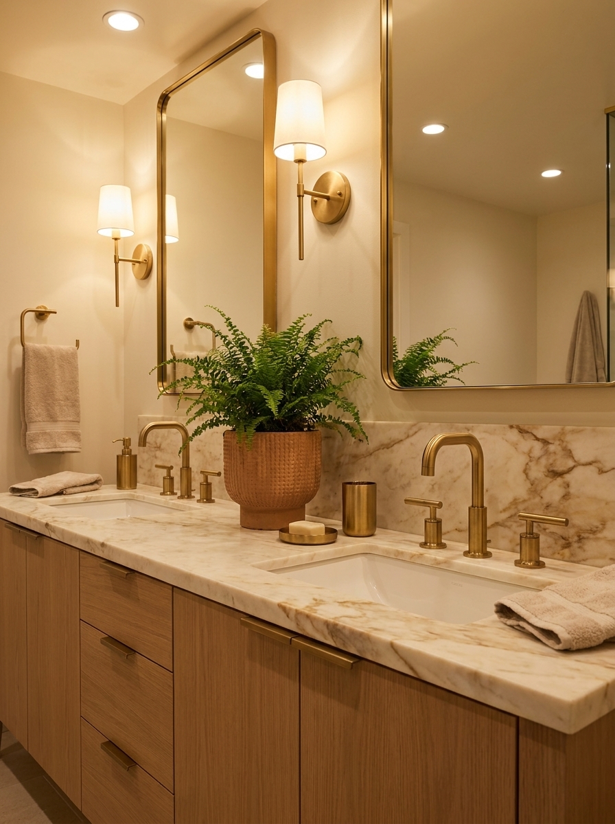 a0de4e25-b0dd-445c-bfcb-b79b8496566e Modern double bathroom vanity with marble countertop, brass faucets, wood cabinets, wall sconces and potted fern | Sky Rye Design Modern double bathroom vanity with marble countertop, brass faucets, wood cabinets, wall sconces and potted fern