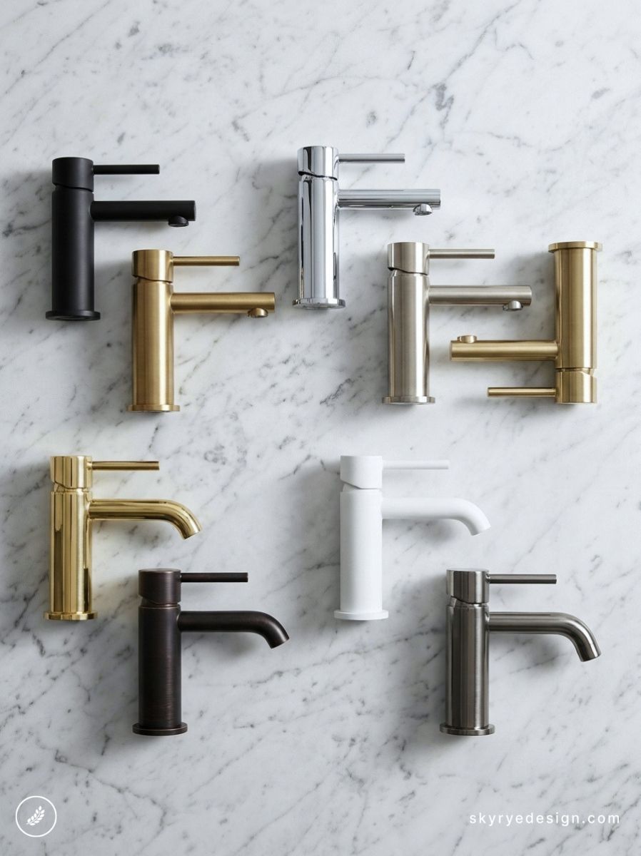 architecture-floor-plan 84 Array of modern single-handle bathroom faucets in chrome, brass, matte black, white and bronze finishes on marble | Sky Rye Design Array of modern single-handle bathroom faucets in chrome, brass, matte black, white and bronze finishes on marble