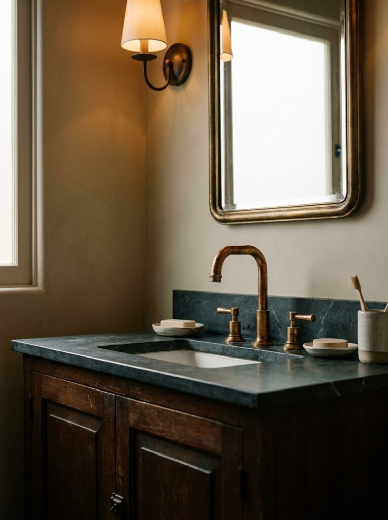 bacf8a0f-4b46-4757-b4a7-6d339cdcc3cc Bronze faucet and dark stone vanity in a softly lit bathroom with a framed mirror above and a wall sconce. | Sky Rye Design Rustic bathroom vanity with dark marble countertop, brass faucet, wooden cabinet and vintage mirror