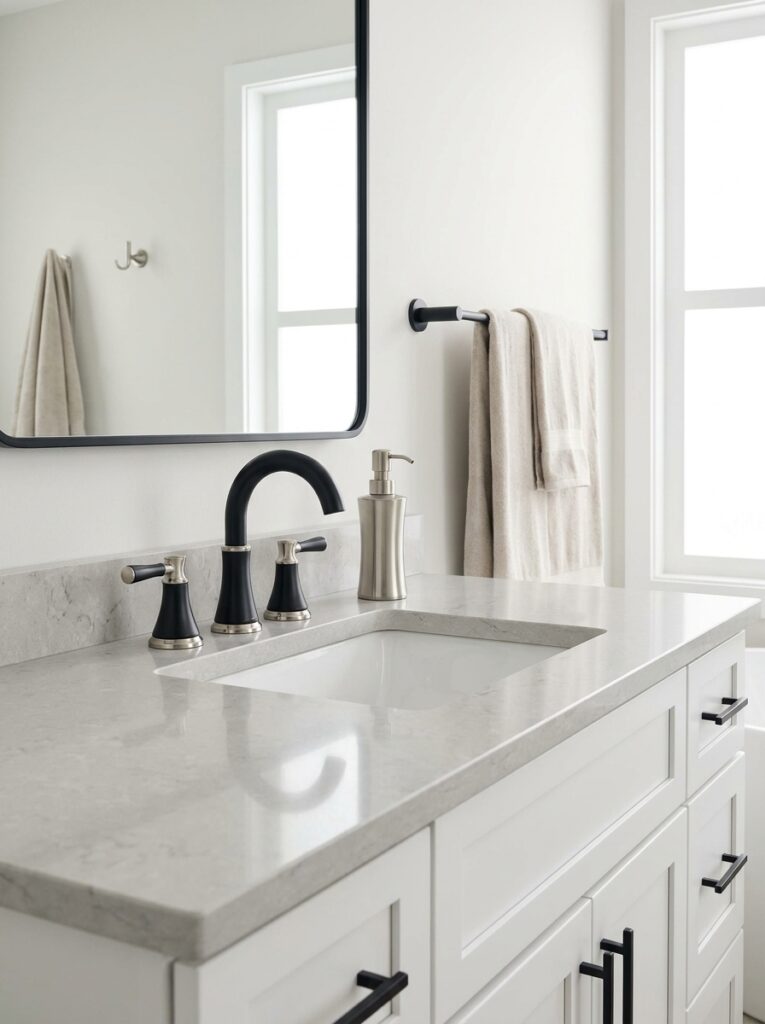 7bcec2e3-f2f3-4480-9196-29facbf1a81a Modern bathroom vanity with marble countertop, undermount sink, matte black widespread faucet, white shaker cabinets and beige towel | Sky Rye Design Modern bathroom vanity with marble countertop, undermount sink, matte black widespread faucet, white shaker cabinets and beige towel