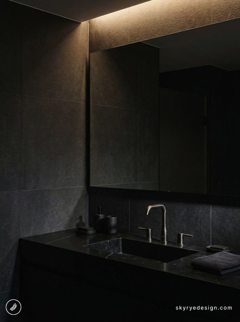 architecture-floor-plan 85 Modern black bathroom with matte tile walls, marble vanity, undermount sink, brushed metal faucet and backlit mirror | Sky Rye Design Modern black bathroom with matte tile walls, marble vanity, undermount sink, brushed metal faucet and backlit mirror