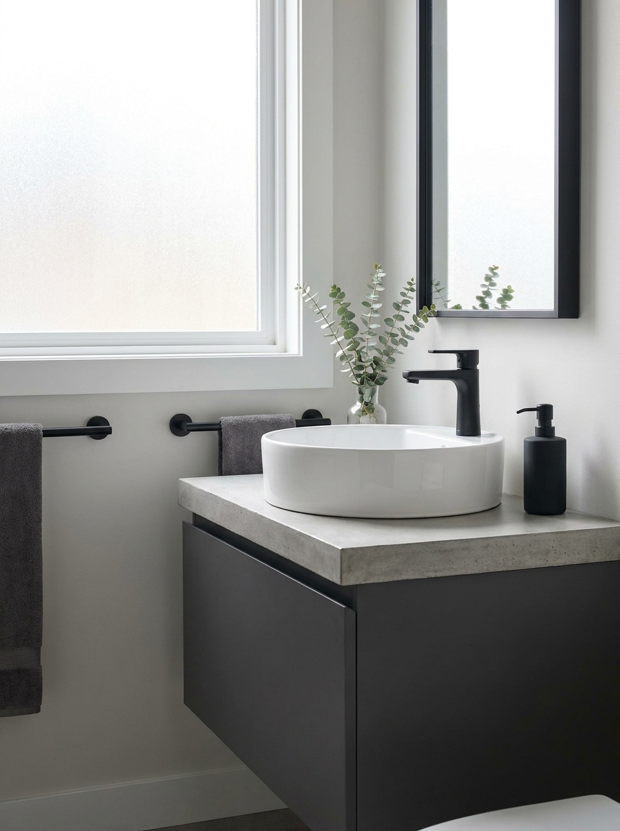 919a7e03-e3b1-45df-8b7c-9f28a304d7fa Modern minimalist bathroom vanity with white vessel sink, matte black faucet, concrete countertop and dark floating cabinet | Sky Rye Design Modern minimalist bathroom vanity with white vessel sink, matte black faucet, concrete countertop and dark floating cabinet