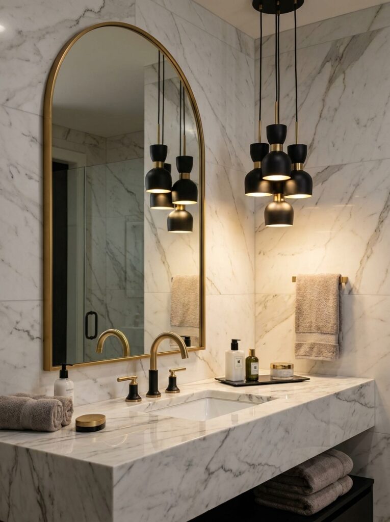 3438fa10-87da-49e8-aed5-ea45b137a8a6 Luxurious marble bathroom vanity with gold faucet, arched mirror, black pendant lights and folded towels | Sky Rye Design Luxurious marble bathroom vanity with gold faucet, arched mirror, black pendant lights and folded towels