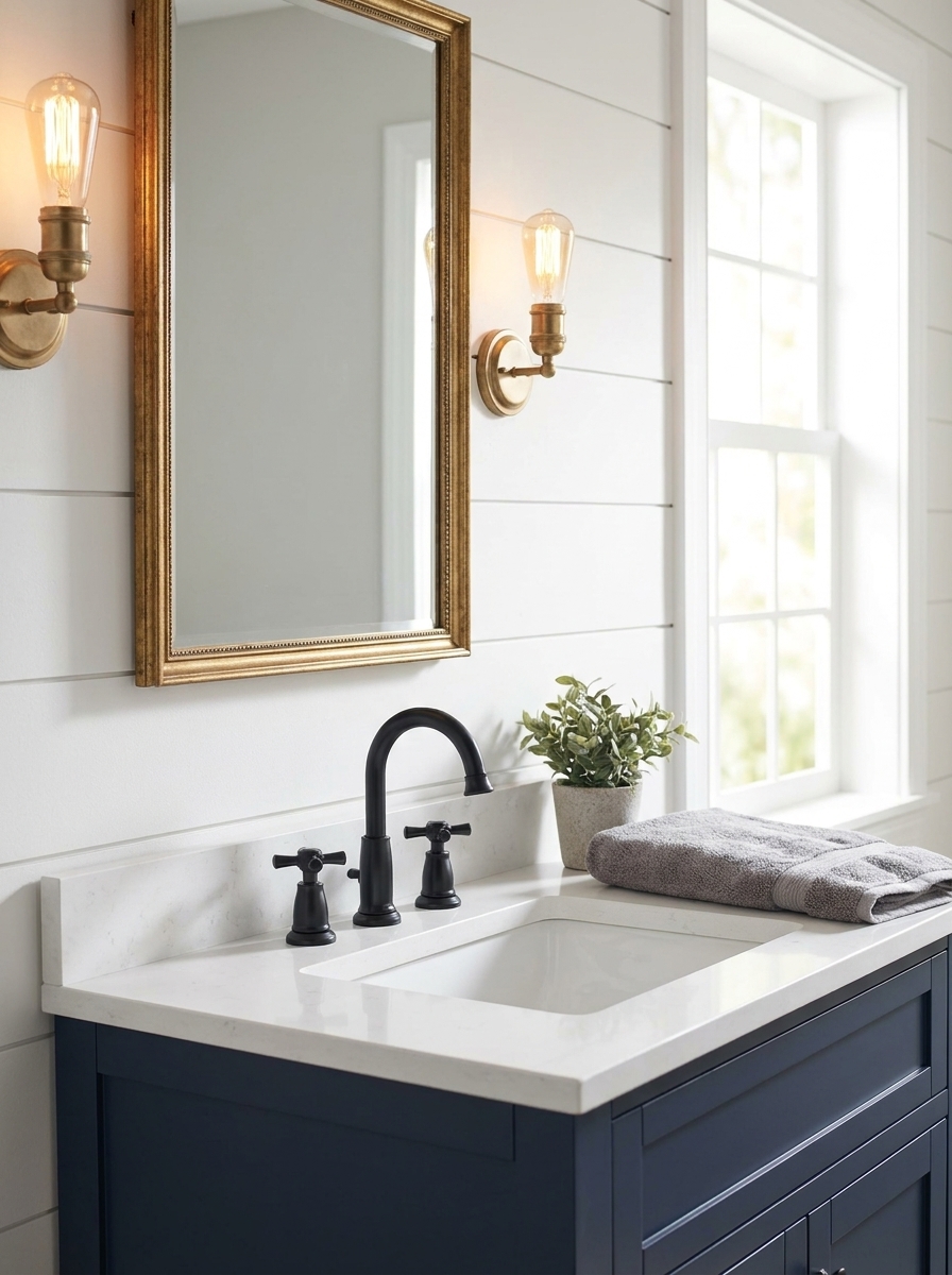 0cc7cff9-e785-4bac-af9a-76c77048a21f Dark blue bathroom vanity with white countertop and black arched faucet, gold-framed mirror, and brass wall sconces above a windowed bath area. | Sky Rye Design Modern farmhouse bathroom vanity: navy cabinet, white quartz countertop, matte black faucet, gold framed mirror, wall sconces