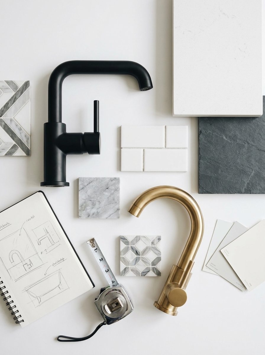 a81310a5-b0da-4c18-baee-604f41b7dd17 Matte black and brass kitchen faucets with tile and marble samples, tape measure and design sketches for kitchen remodel | Sky Rye Design Matte black and brass kitchen faucets with tile and marble samples, tape measure and design sketches for kitchen remodel