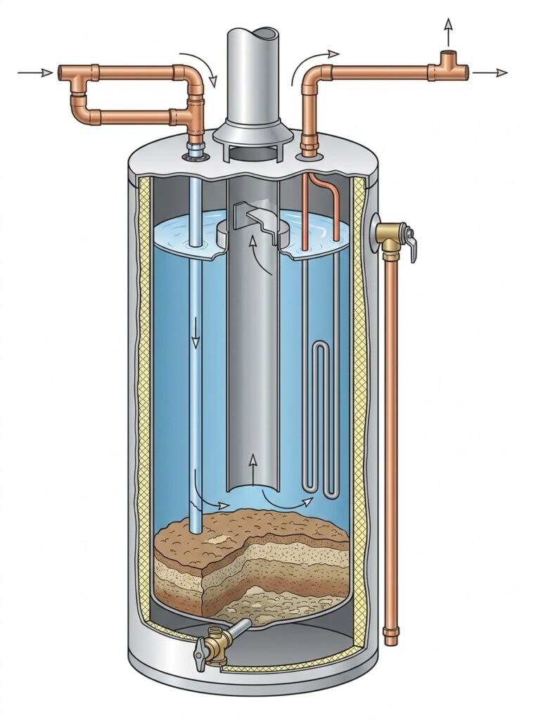 28ccd0c9-5bf0-4b00-b334-4e328443495c Cutaway diagram of residential water heater tank showing insulation, dip tube, flue, heating element, and sediment layers. | Sky Rye Design Cutaway diagram of residential water heater tank showing insulation, dip tube, flue, heating element, and sediment layers.