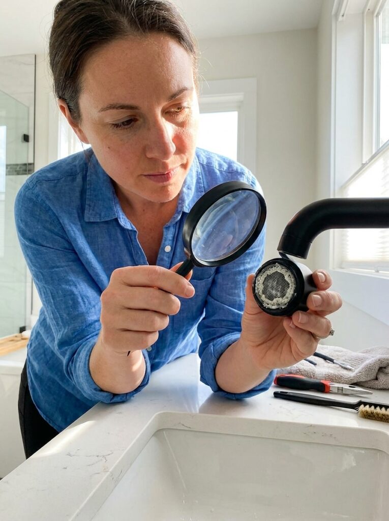 e10d8884-1560-4535-9aa6-5c1c6792877c Person inspecting clogged faucet aerator with magnifying glass over bathroom sink, DIY plumbing maintenance | Sky Rye Design Person inspecting clogged faucet aerator with magnifying glass over bathroom sink, DIY plumbing maintenance