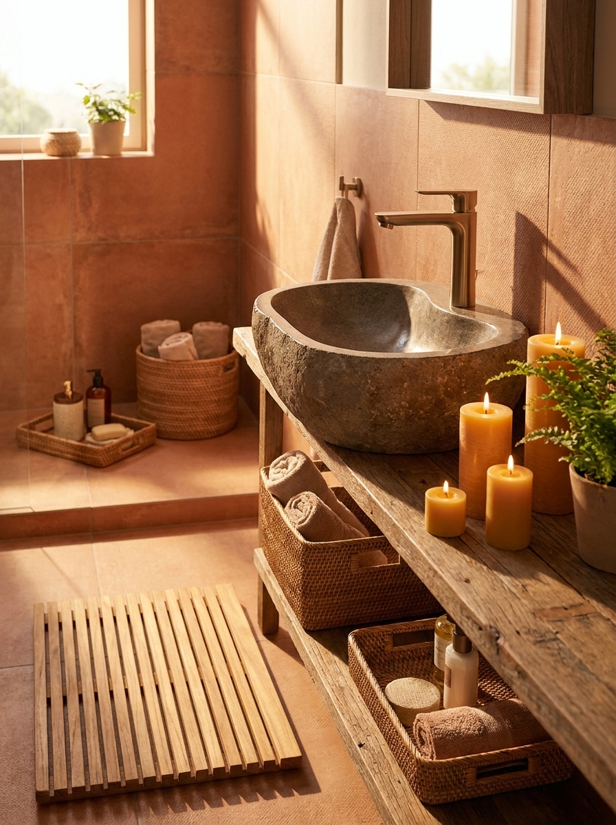dc82b1fb-0bf4-4ece-98f0-0e8df1ddeba2 Spa bathroom with stone vessel sink on rustic wooden vanity, wicker baskets, lit candles and folded towels | Sky Rye Design Spa bathroom with stone vessel sink on rustic wooden vanity, wicker baskets, lit candles and folded towels