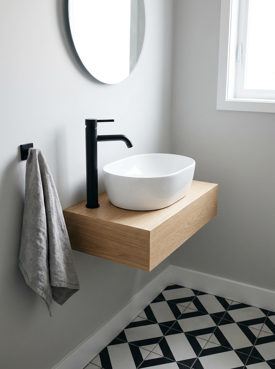 410ca2cc-3877-4e76-8dc9-29f0ff006bed Modern bathroom with white vessel sink, matte black faucet on floating wood vanity, geometric black-and-white floor tiles | Sky Rye Design Modern bathroom with white vessel sink, matte black faucet on floating wood vanity, geometric black-and-white floor tiles